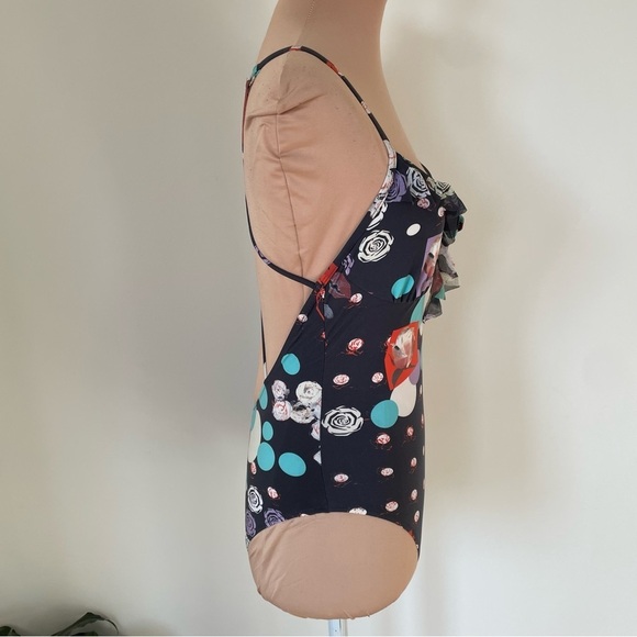 SHAN Strappy Back Rosette Tulle Trim Black Multi Rose Print One Piece Swimsuit 8 - Picture 4 of 11